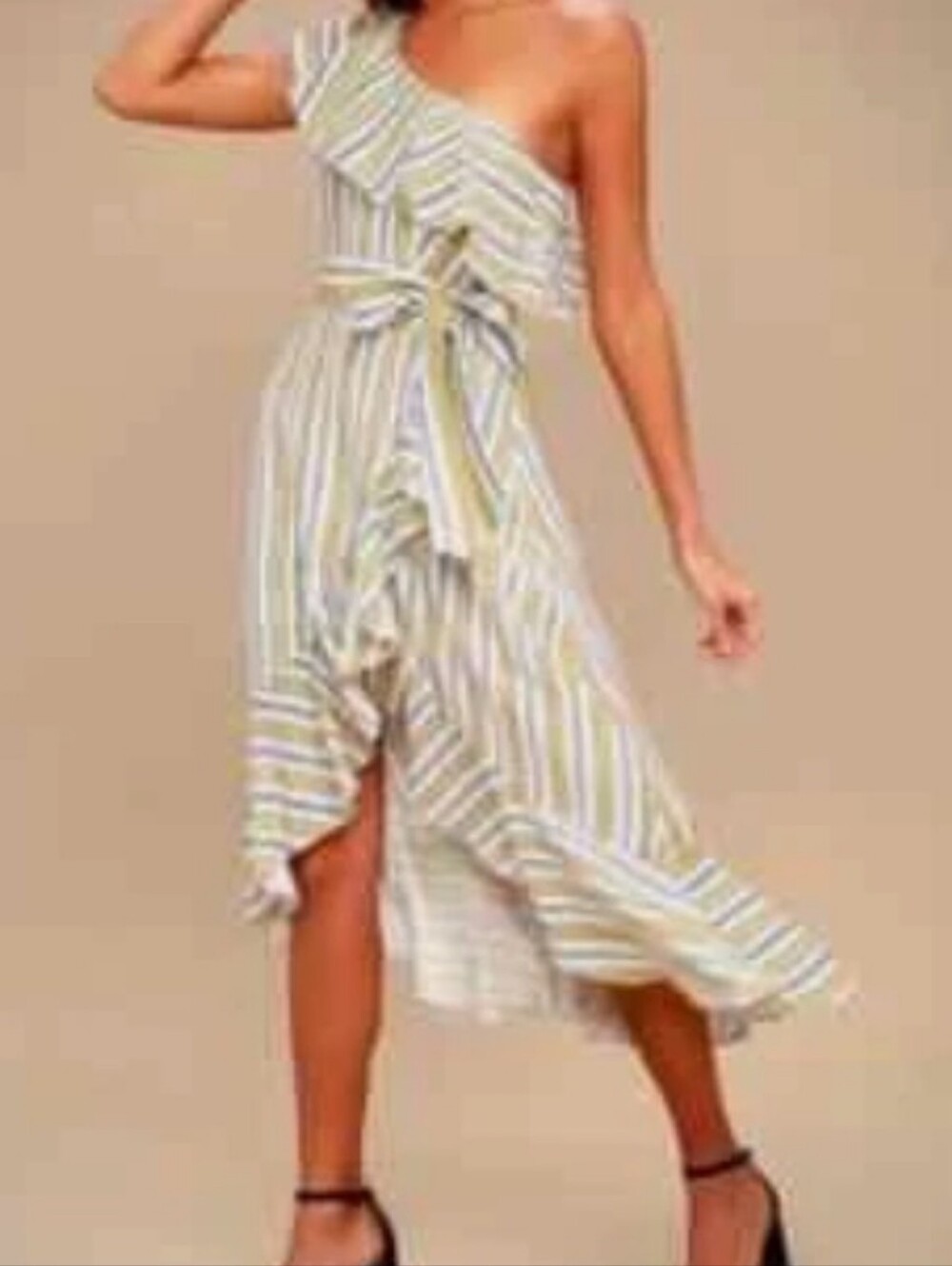 Lulus High Tide Yellow Striped One-Shoulder Midi Dress Medium